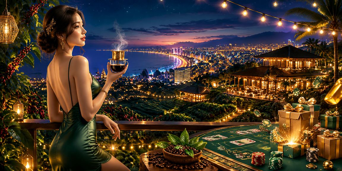 Người dùng chơi slots trên điện thoại tại bãi biển Đà Nẵng lúc hoàng hôn